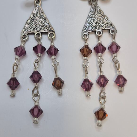 Silver-tone chandelier purple brown beaded dangle bohemian clip-on earrings - Picture 4 of 7